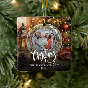 Merry Christmas Rustic Snow Globe Photo Ceramic Ornament