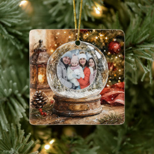 Merry Christmas Rustic Snow Globe Photo Ceramic Ornament