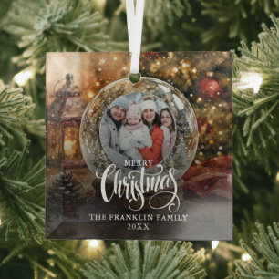 Merry Christmas Rustic Snow Globe Photo Glass Ornament
