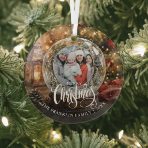 Merry Christmas Rustic Snow Globe Photo Glass Ornament
