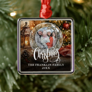 Merry Christmas Rustic Snow Globe Photo Metal Ornament