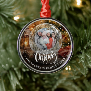 Merry Christmas Rustic Snow Globe Photo Metal Ornament