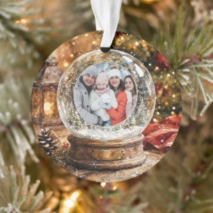 Merry Christmas Rustic Snow Globe Photo Ornament
