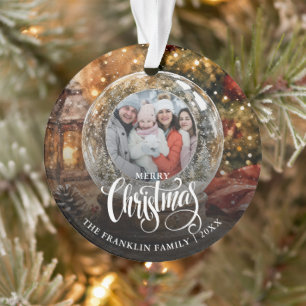 Merry Christmas Rustic Snow Globe Photo Ornament