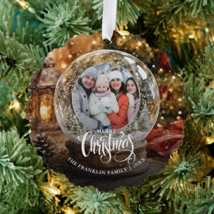 Merry Christmas Rustic Snow Globe Photo Ornament Card
