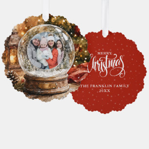 Merry Christmas Rustic Snow Globe Photo Ornament Card