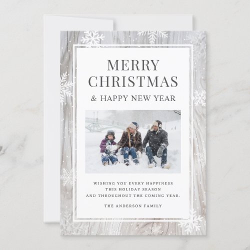 Merry Christmas Rustic Snowflake Snow Photo Holiday Card