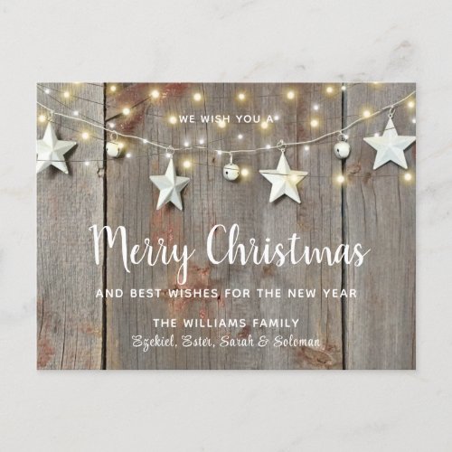 Merry Christmas Rustic Stars and Lights on Wood  Postcard