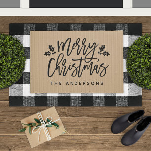 Merry Christmas Rustic Tan Holly Family Name Doormat