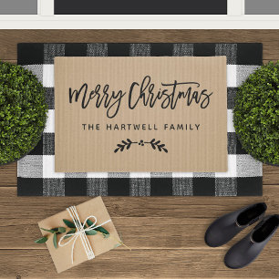 Merry Christmas Rustic Tan Laurel Family Name Doormat