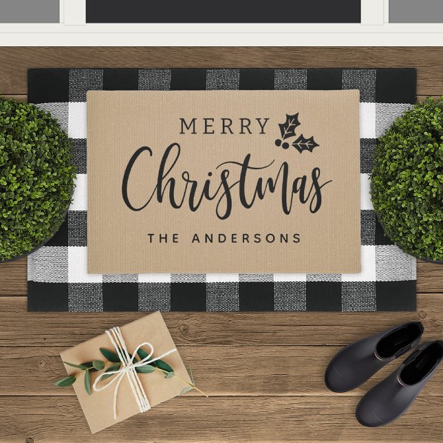 Merry Christmas Rustic Tan Script Family Name Doormat (Creator Uploaded)