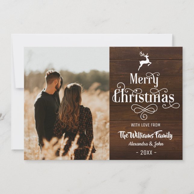 Merry Christmas Rustic Typography Wood Photo Holiday Card (Front)