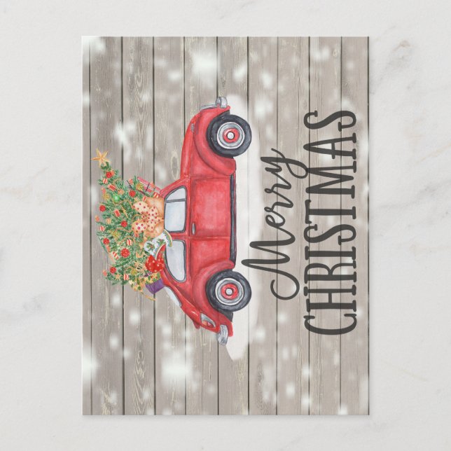 Merry Christmas Rustic Vintage Car Presents Tree Postcard (Front)