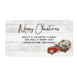 Merry Christmas Rustic Vintage Red Truck Holiday Label