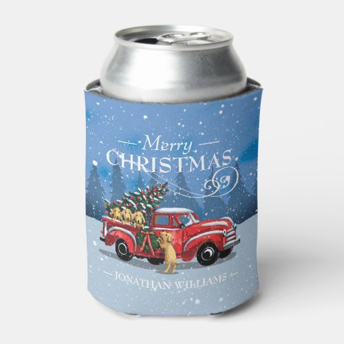 Merry Christmas Rustic Vintage Truck Monogram Name Can Cooler