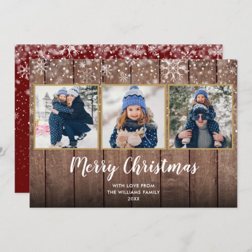 Merry Christmas Rustic Vintage Wood 3 Photo Holiday Card