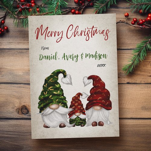 Merry Christmas Rustic Watercolor Gnome Family Holiday Card