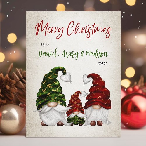 Merry Christmas Rustic Watercolor Gnome Family Holiday Postcard