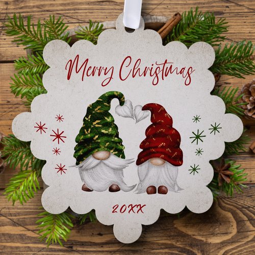 Merry Christmas Rustic Watercolor Gnomes  Holiday Ornament Card