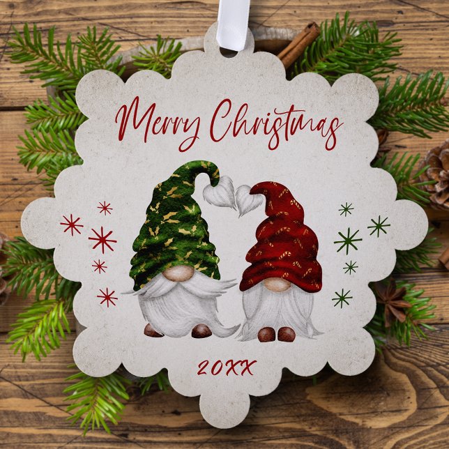 Merry Christmas Rustic Watercolor Gnomes  Holiday Ornament Card (Creator Uploaded)