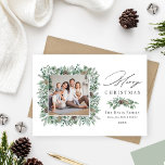 Merry Christmas Rustic Winter Greenery Photo Holiday Card<br><div class="desc">Elegant "Merry Christmas" holiday photo card design features a rustic chic square wreath of winter watercolor greenery framing the family picture and accenting the modern charcoal gray wording. Personalize with your last name, family member names, and the year. Includes a bonus landscape photo on the back of the card. White...</div>