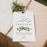 Merry Christmas Rustic Winter Greenery Wood Family Gift Tags<br><div class="desc">Elegant "Merry Christmas" holiday gift tag design features rustic and neutral winter watercolor greenery framing the modern and stylish green and charcoal gray wording,  along with a faux white washed wood background. Personalize with your last name,  family member names,  and the year.</div>