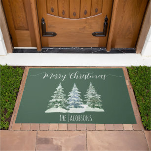 Merry Christmas Rustic Winter Pine Trees Holiday Doormat