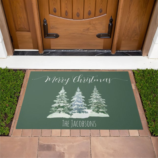 Merry Christmas Rustic Winter Pine Trees Holiday  Doormat (Outdoor)