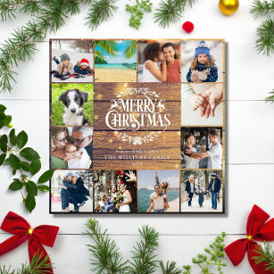 Merry Christmas Rustic Wood 12 Photo Collage Holiday Card
