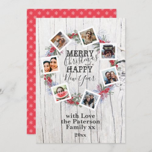 Merry Christmas Rustic Wood 7 Photo Wreath  Holiday Card
