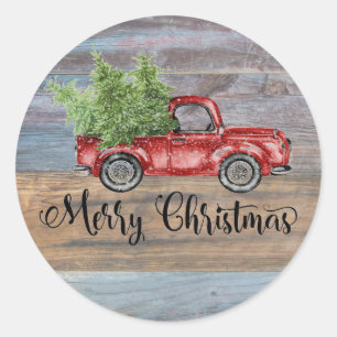 Merry Christmas Rustic Wood And Cute Red Truck Classic Round Sticker
