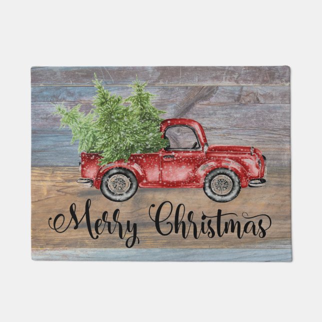 Merry Christmas Rustic Wood And Cute Red Truck Doormat (Front)