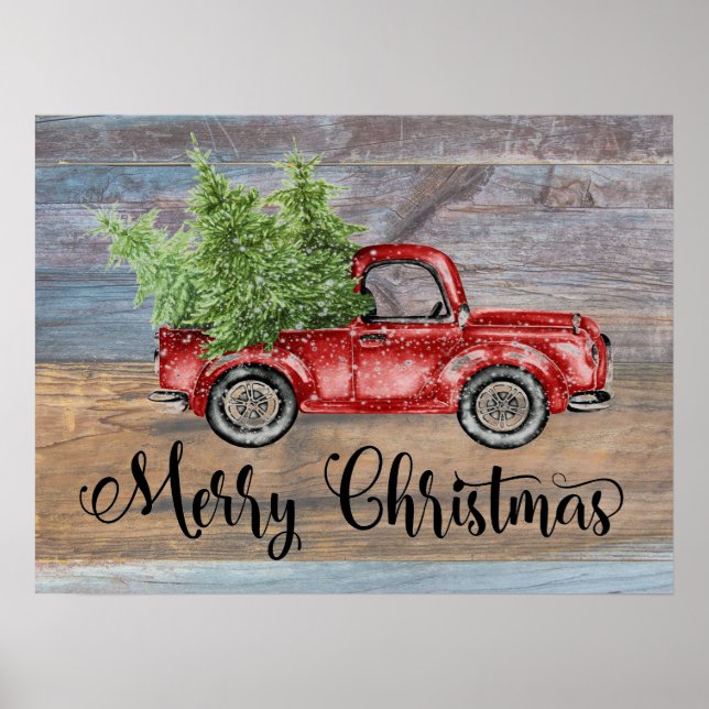 Merry Christmas Rustic Wood And Cute Red Truck Poster (Front)