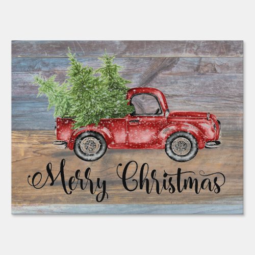 Merry Christmas Rustic Wood And Cute Red Truck Sign