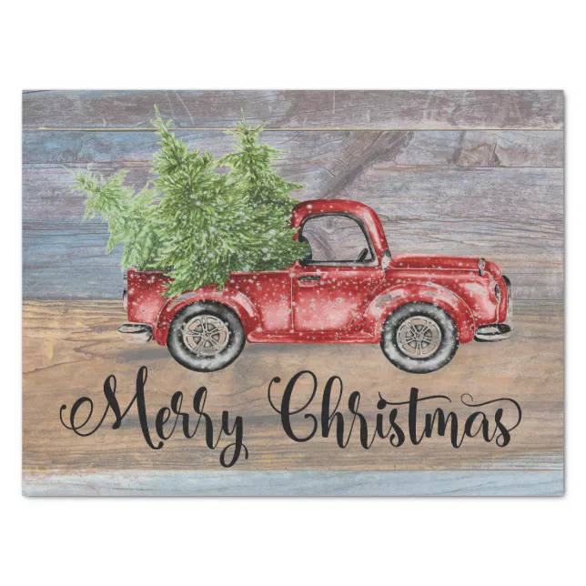 Merry Christmas Rustic Wood And Cute Red Truck Tissue Paper | Zazzle