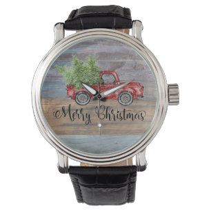 Merry Christmas Rustic Wood And Cute Red Truck Watch
