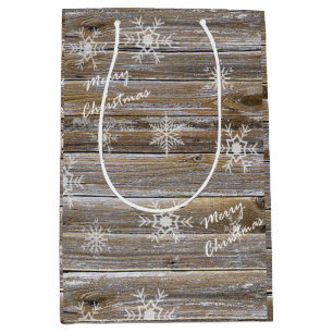 Merry Christmas Rustic Wood and Snowflakes Medium Gift Bag
