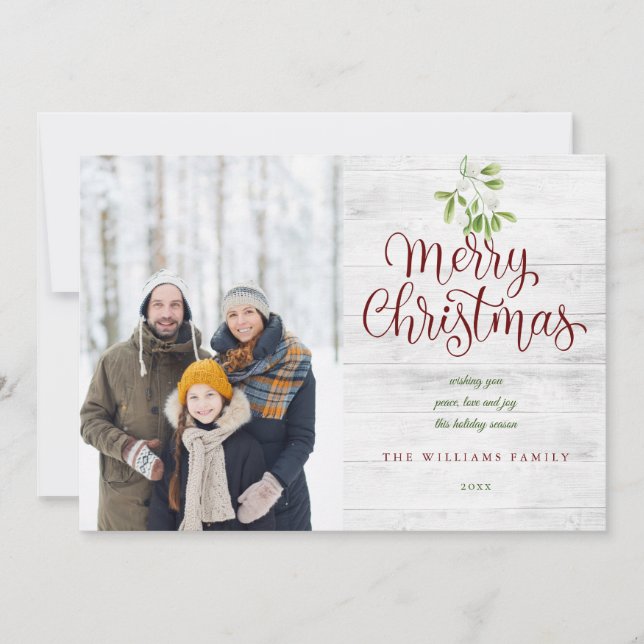 Merry Christmas Rustic Wood Mistletoe 2 Photo Holiday Card (Front)