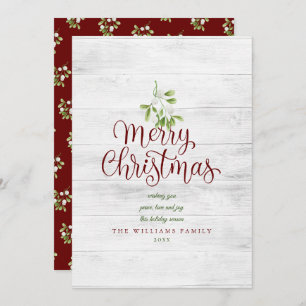 Merry Christmas Rustic Wood Mistletoe Burgundy Holiday Card