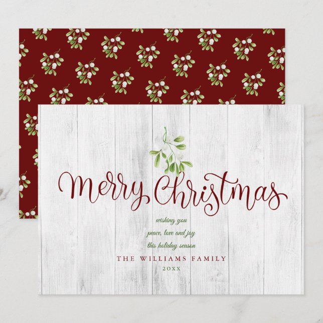 Merry Christmas Rustic Wood Mistletoe Holiday Card (Front/Back)