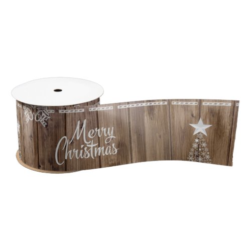 Merry Christmas Rustic Wood Pattern Snowflake Satin Ribbon