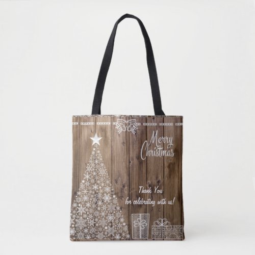 Merry Christmas Rustic Wood Pattern Snowflake Tote Bag