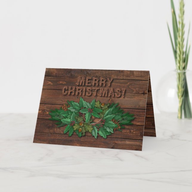 Merry Christmas, Rustic Wood, Pine Branches Swag Holiday Card (Front)
