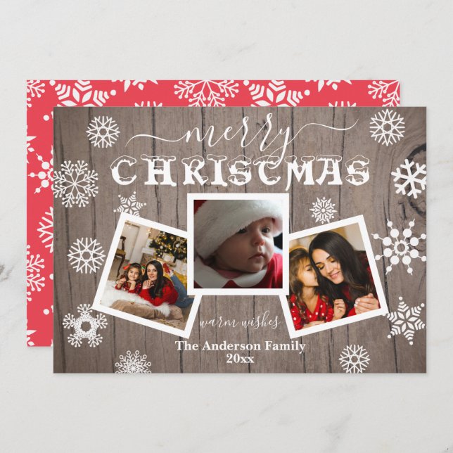 Merry Christmas Rustic Wood Snowflake 3 Photo  Holiday Card (Front/Back)