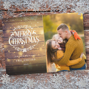 Merry Christmas Rustic Wood Snowflakes Photo Holiday Card