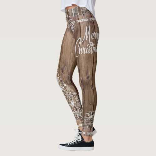 Merry Christmas Rustic Wooden Pattern Snowflake Leggings