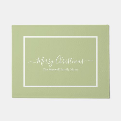 Merry Christmas sage green family name  Doormat