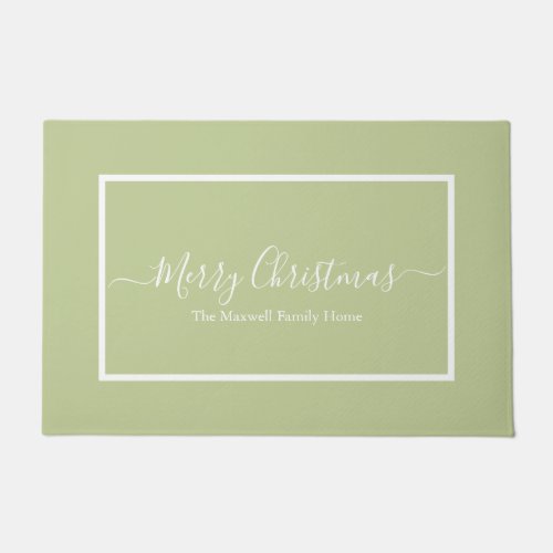 Merry Christmas sage green family name Doormat