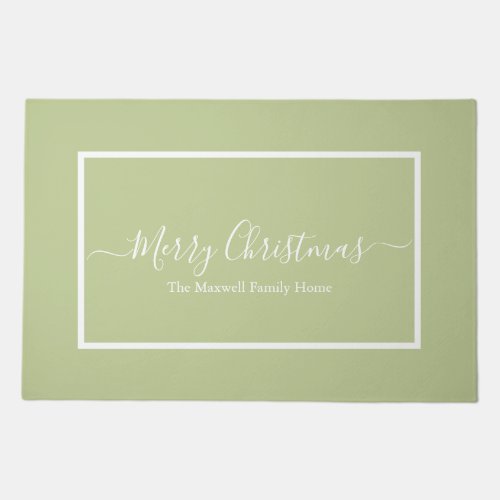 Merry Christmas sage green family name Doormat