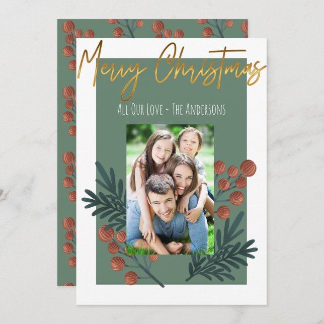 Merry Christmas Sage Green Photo Flat  Holiday Card (Front/Back)